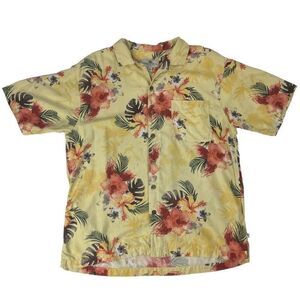 Island Shores 100% Washable Silk Hawaiian Pale Yellow Floral Short Sleeve Button